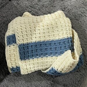 Handcrafted Cream and Blue Crochet Throw Blanket